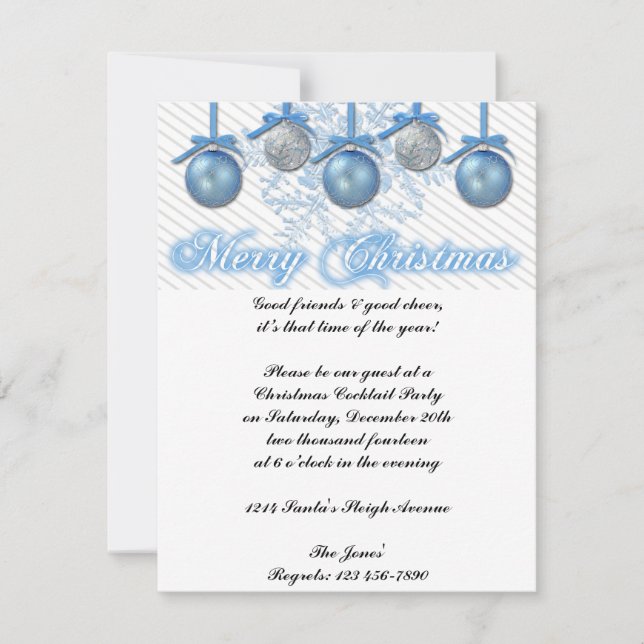 Blue and Silver Glitter Ornaments Christmas Party Invitation (Front)