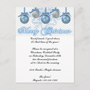 Blue and Silver Glitter Ornaments Christmas Party Invitation