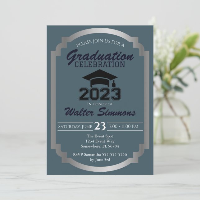 Blue and Silver Graduation Celebration Invitation (Standing Front)