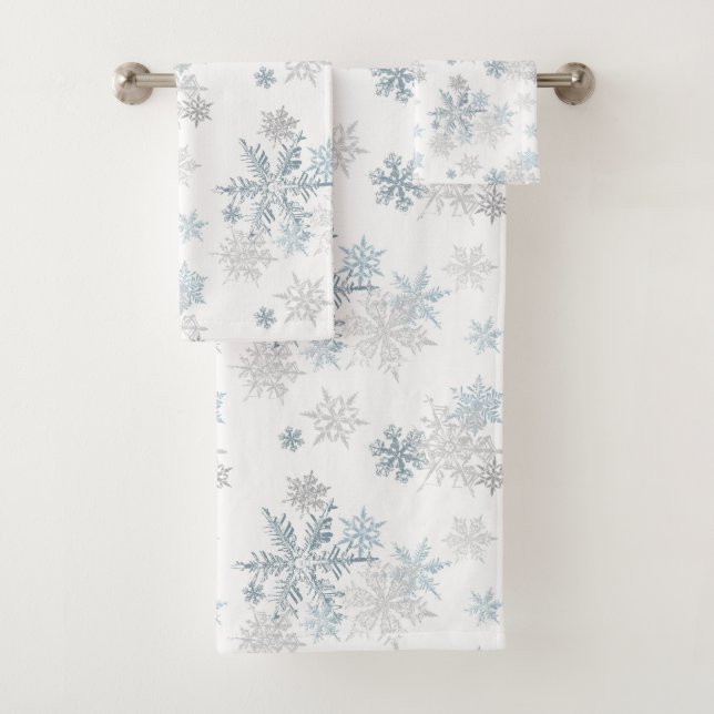 Blue and Silver Grey Winter Wonderland Snowflake Bath Towel Set (Insitu)