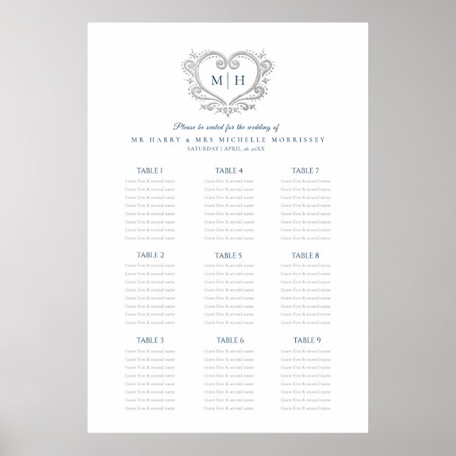 Blue and silver heart wreath wedding seating chart (Front)