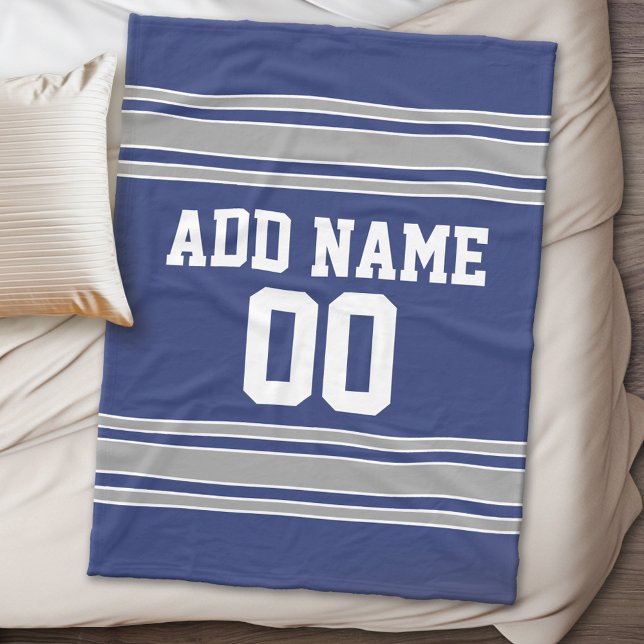 Blue and Silver Jersey Stripes Custom Name Number Fleece Blanket (Personalized fleece blanket - Sports Theme)