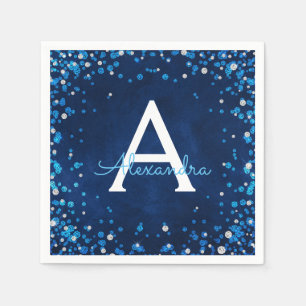 Blue and Silver Jewelled Diamond Confetti Monogram Napkin