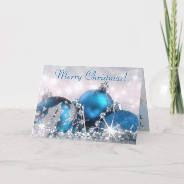 Blue and Silver Merry Christmas Greeting Card (Front)