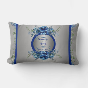 Blue And Silver Petal Symphony Lumbar Cushion