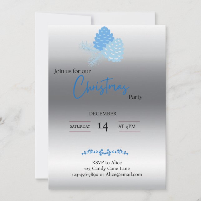 Blue and Silver Pine Cone Christmas Invitation (Front)