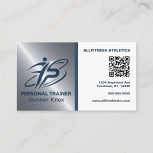 Blue and Silver QR Code Fitness Trainer Business Card