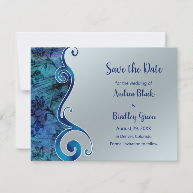 Blue and Silver Reflections Save the Date Card (Front)
