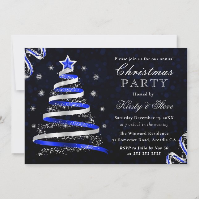 Blue and Silver Ribbon Tree Christmas Party Invitation (Front)