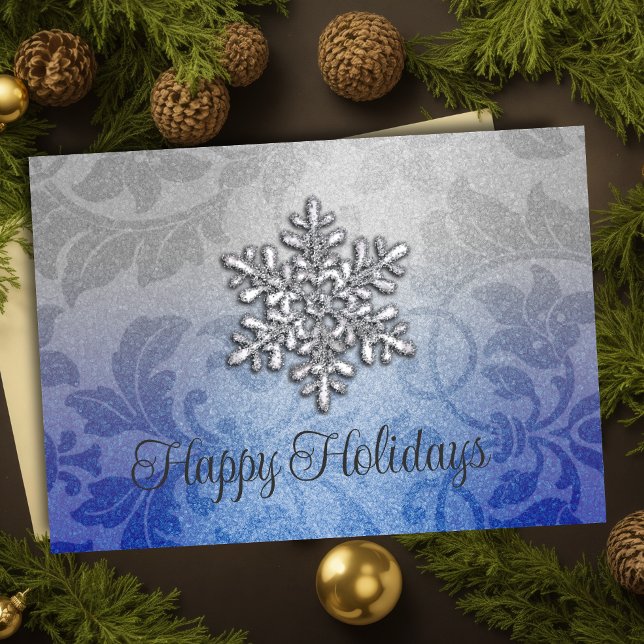 Blue and Silver Shimmer Damask Holiday Card (Creator Uploaded)