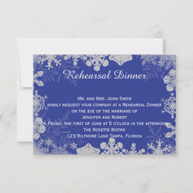 Blue and Silver Snowflake Wedding Rehearsal Invitation (Front)