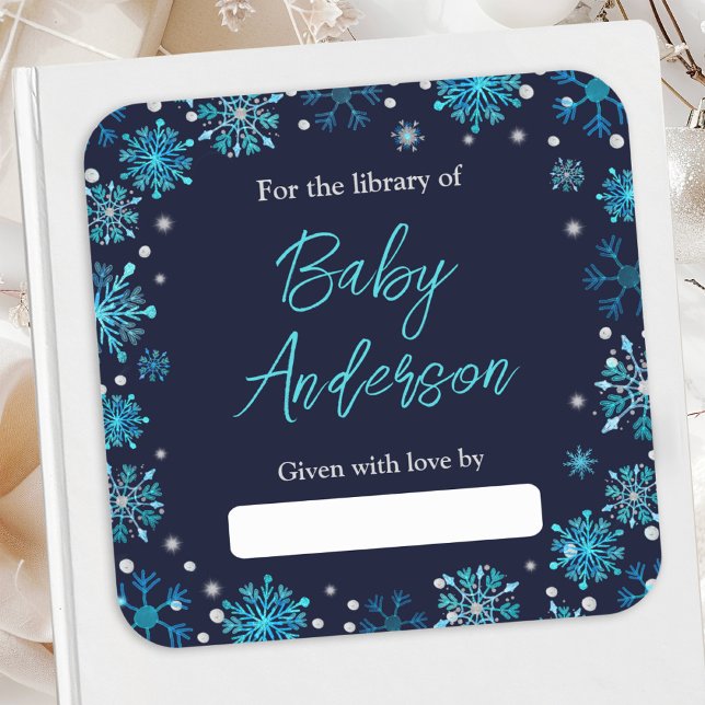 Blue and Silver Snowflakes Baby Shower Bookplate Square Sticker (Creator Uploaded)