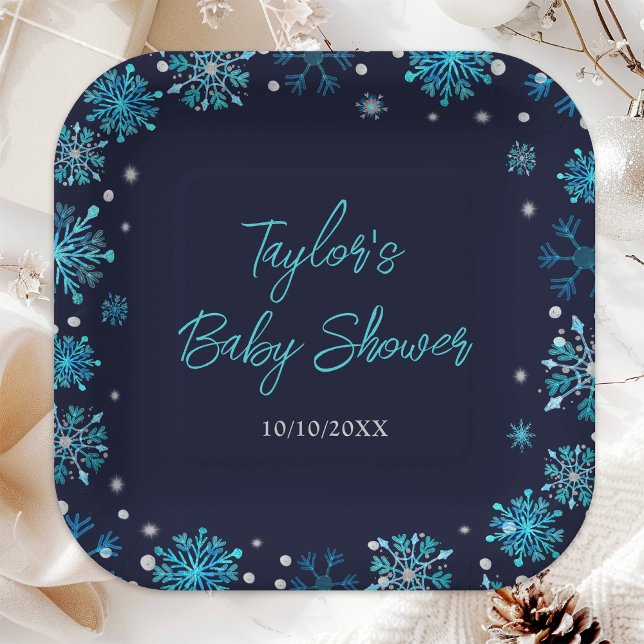 Blue and Silver Snowflakes Baby Shower Paper Plate (Creator Uploaded)
