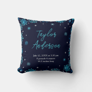 Blue and Silver Snowflakes Birth Stats Cushion