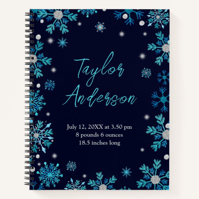 Blue and Silver Snowflakes Birth Stats Notebook (Front)