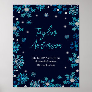 Blue and Silver Snowflakes Birth Stats Poster