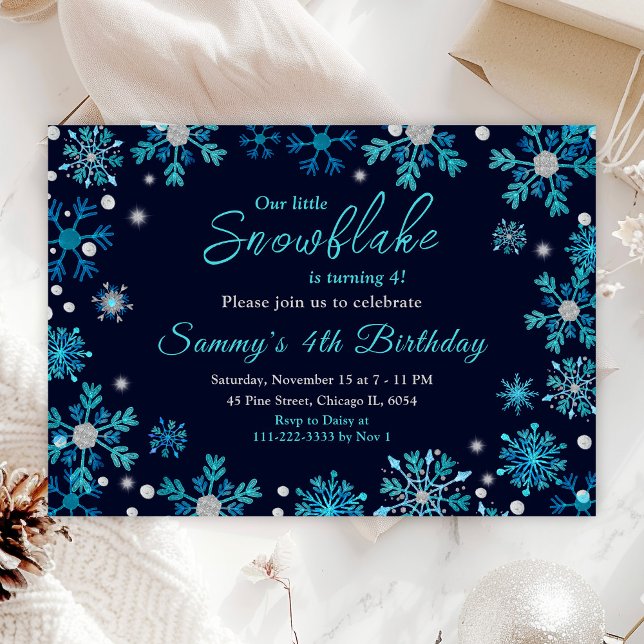 Blue and Silver Snowflakes Birthday Party Invitation (Creator Uploaded)