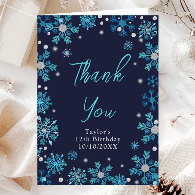 Blue and Silver Snowflakes Birthday Party Thank You Card (Creator Uploaded)