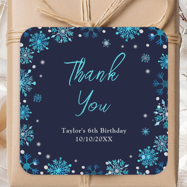 Blue and Silver Snowflakes Birthday Thank You Square Sticker (Creator Uploaded)