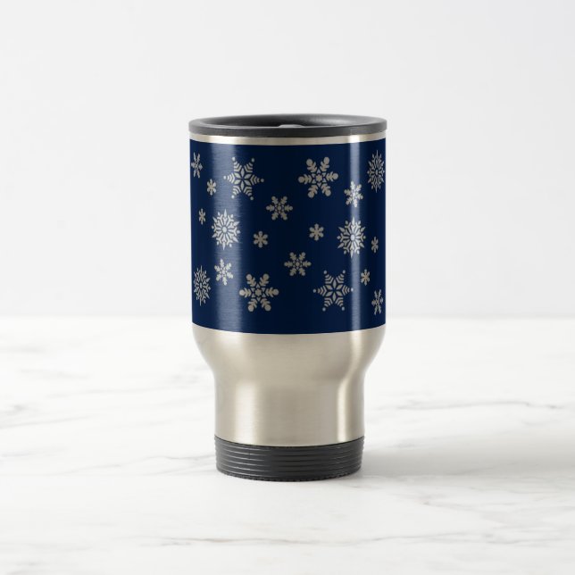 Blue and Silver Snowflakes Travel Mug (Center)