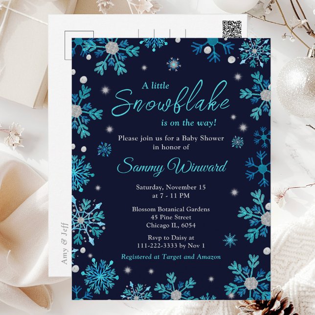 Blue and Silver Snowflakes Winter Baby Shower Postcard (Creator Uploaded)