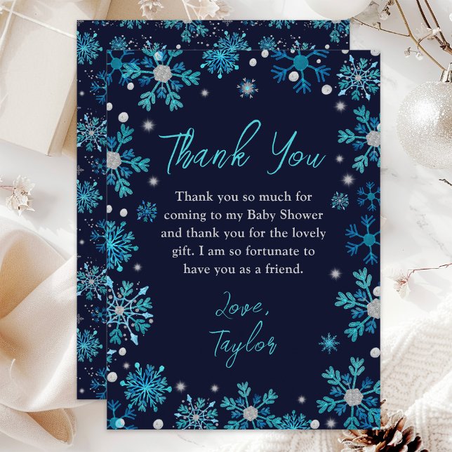 Blue and Silver Snowflakes Winter Baby Shower Thank You Card (Creator Uploaded)