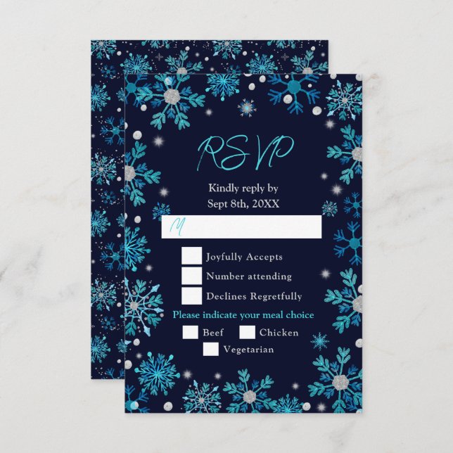 Blue and Silver Snowflakes Winter Meal Choice RSVP Card (Front/Back)