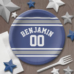 Blue and Silver Sports Jersey Custom Name Number Paper Plate<br><div class="desc">Personalise this sporty striped design with your name and favourite number. You can also use this to celebrate a birthday or congratulate your son with personal memento.</div>
