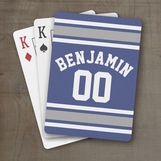 Blue and Silver Sports Jersey Custom Name Number Playing Cards (Personalized Playing Cards - Sports Jersey Design)