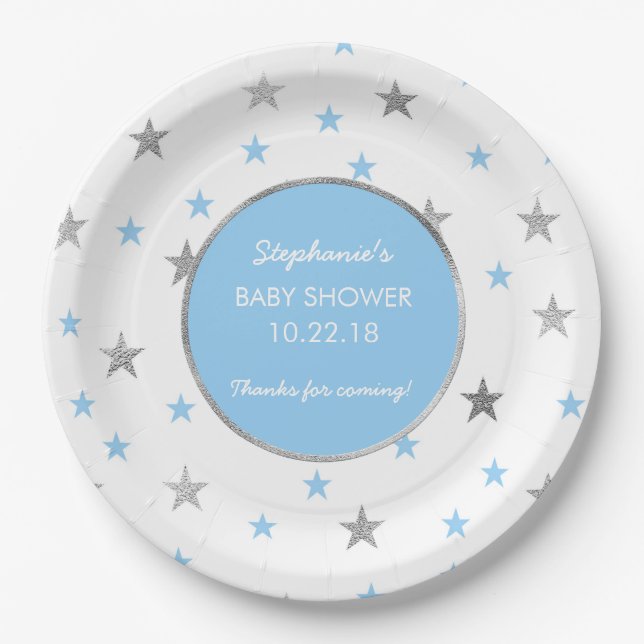 Blue and Silver Stars Twinkle Baby shower decor Paper Plate (Front)