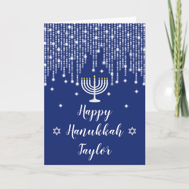 Blue and Silver String Lights Happy Hanukkah Holiday Card (Front)