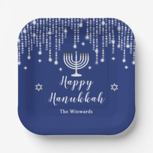 Blue and Silver String Lights Happy Hanukkah Paper Plate