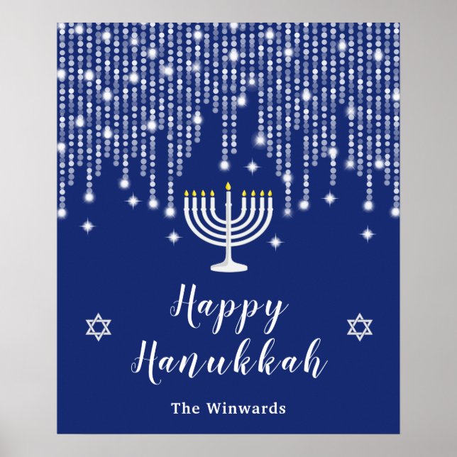 Blue and Silver String Lights Happy Hanukkah Poster (Front)