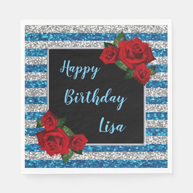 Blue And Silver Stripes Glitter Red Roses Birthday Napkin (Front)