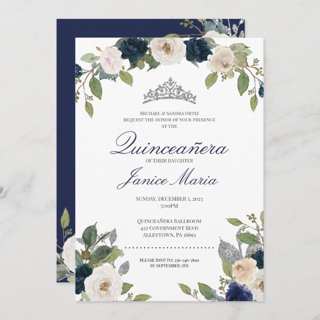 Blue and Silver Tiara Floral Elegant Quinceañera Invitation (Front/Back)