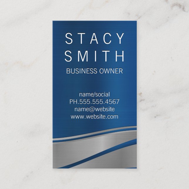 Blue and Silver Wave Metallic Background Business Card (Front)