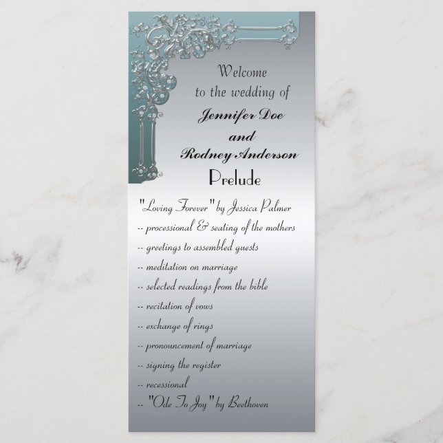 Blue and Silver Wedding Program Rack Card (Front)