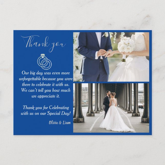 Blue and Silver Wedding Ring Wedding Thank You Postcard (Front)