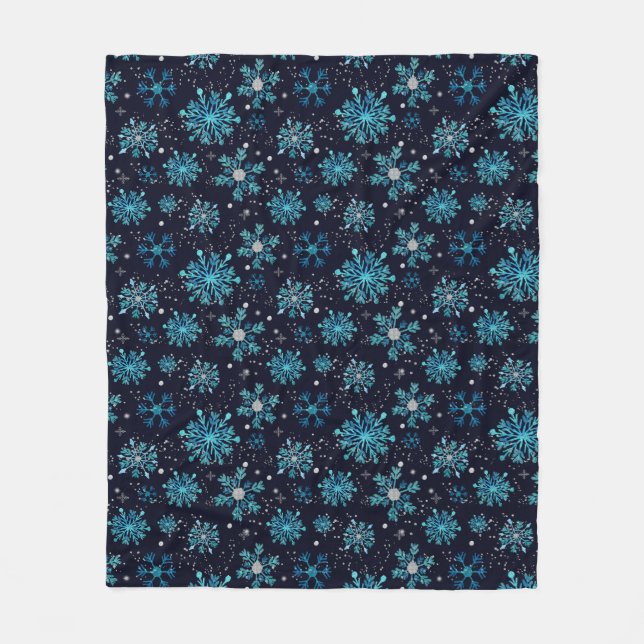 Blue and Silver Winter Snowflakes Fleece Blanket (Front)