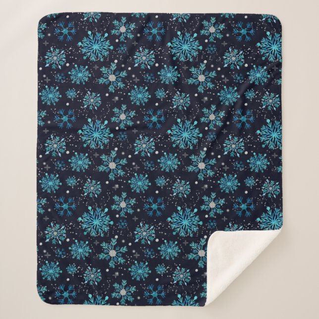 Blue and Silver Winter Snowflakes Sherpa Blanket (Front)