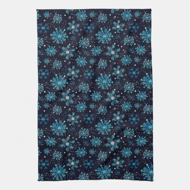 Blue and Silver Winter Snowflakes Tea Towel (Vertical)