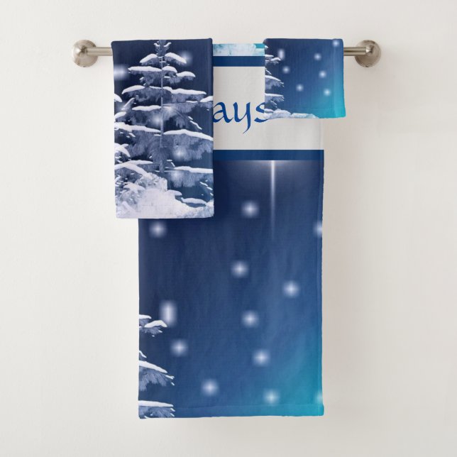 Blue and Silver Winter Wonderland Christmas Bath Towel Set (Insitu)
