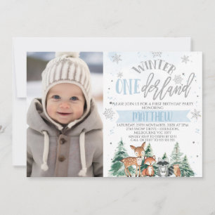 Blue And Silver Woodland Onederland 1st Birthday Invitation