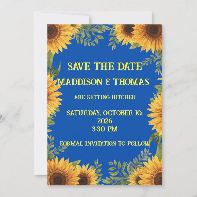  Blue and Sunflower Personalised Save The Date Invitation (Front)