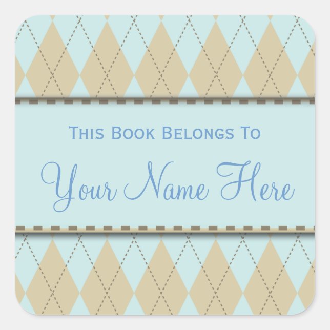 Blue and Tan Argyle Name Book Plate Sticker (Front)