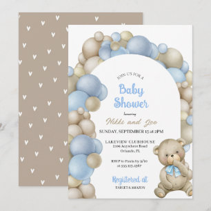 Blue and Tan Balloon Arch Teddy Bear Baby Shower Invitation