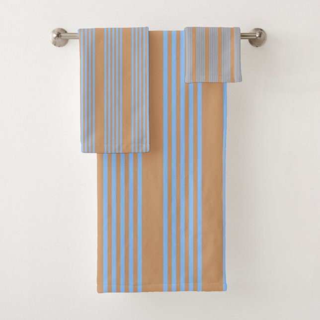 Blue and tan five stripe pattern bath towel set (Insitu)