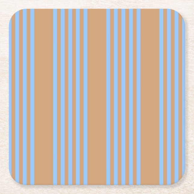 Blue and tan five stripe pattern square paper coaster (Front)