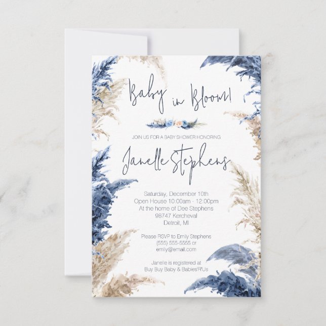 Blue and Tan Foliage Baby In Bloom Baby Shower Invitation (Front)