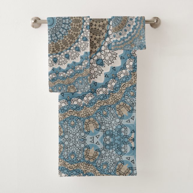 Blue and Tan Mandala Intricate Geometric Pattern Bath Towel Set (Insitu)
